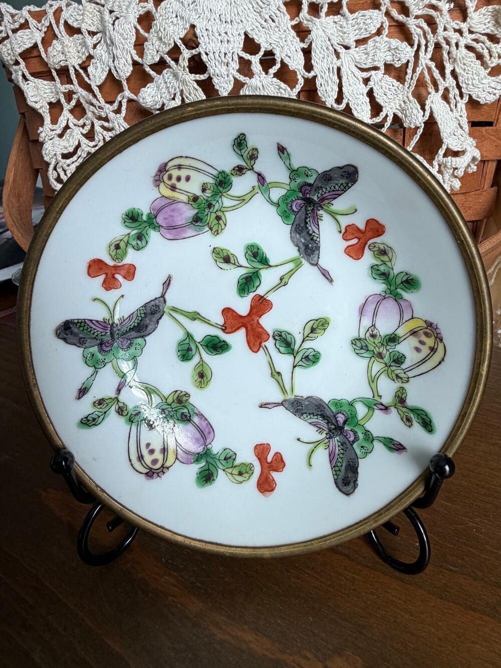#17 vintage ACF Hong Kong hand-decorated porcelain bowl encased in metal.